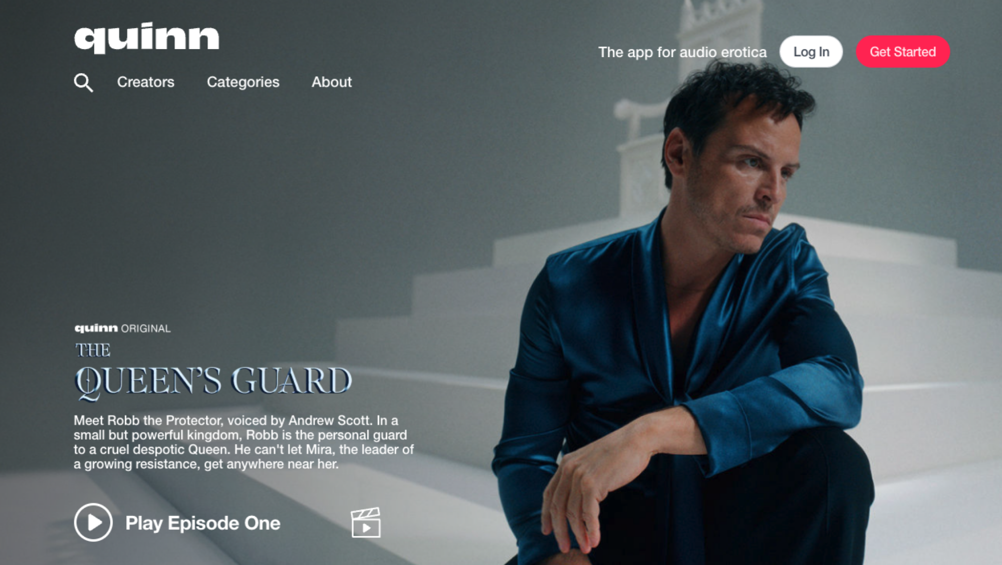 screenshot of Quinn homepage with Andrew Scott 'The Queen's Guard' shown