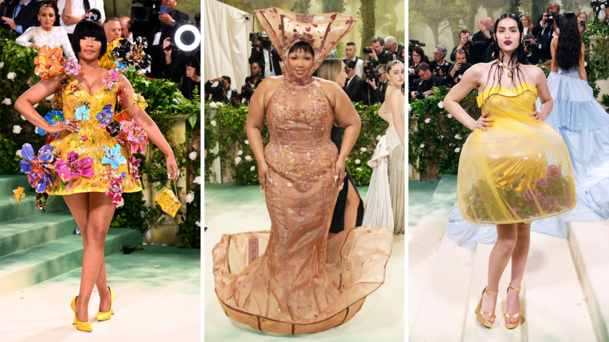 A composite of attendees at the 2024 Met Gala. From left to right: Nicki Minaj, Lizzo, and Amelia Gray Hamlin.