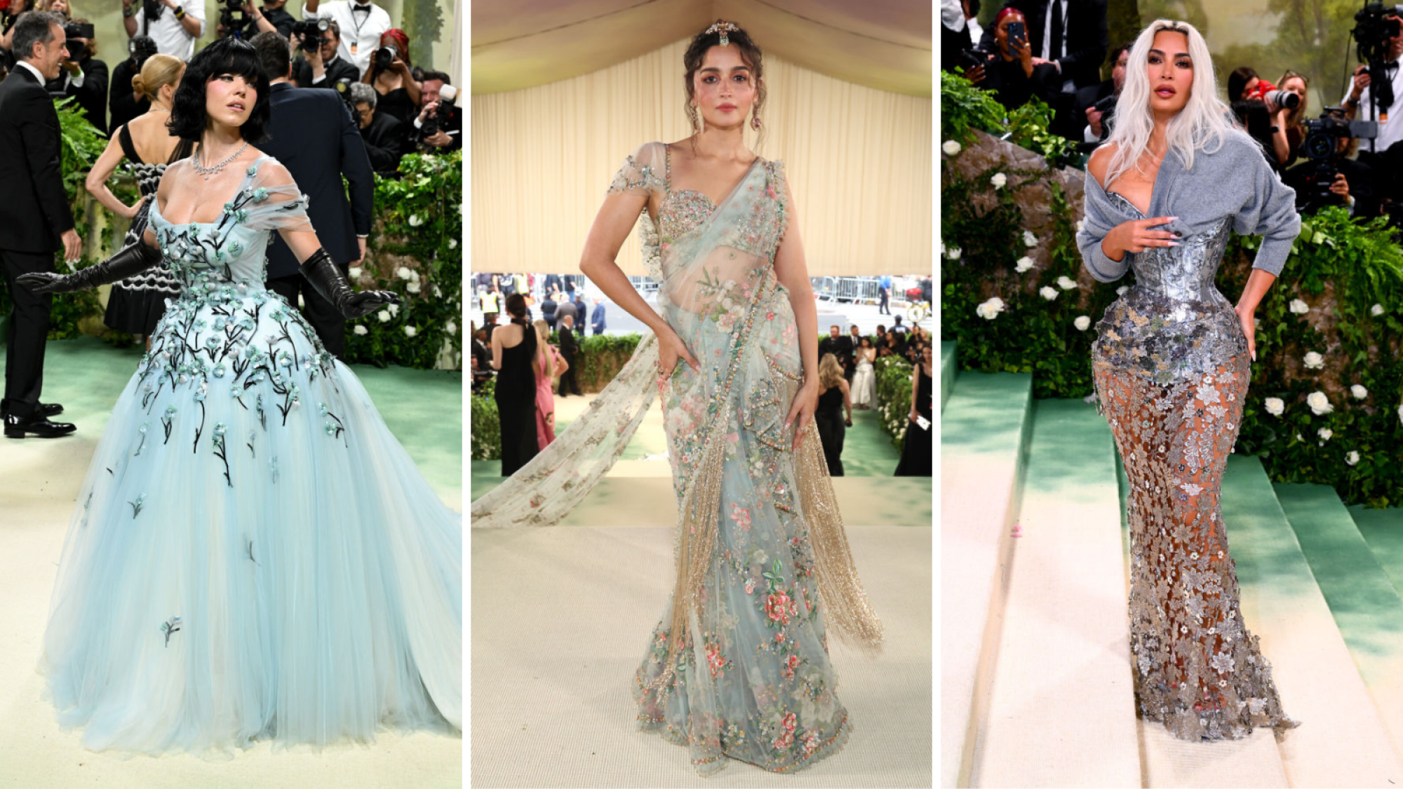 A composite of attendees at the 2024 Met Gala. From left to right: Sydney Sweeney, Alia Bhatt, and Kim Kardashian.