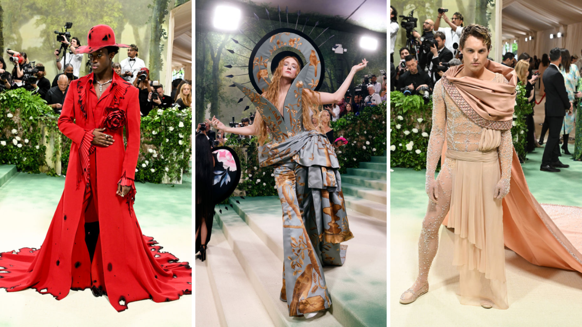 A composite of attendees at the 2024 Met Gala. From left to right: Wisdom Kaye, Harris Reed, and Gustav Magnar Witzøe.
