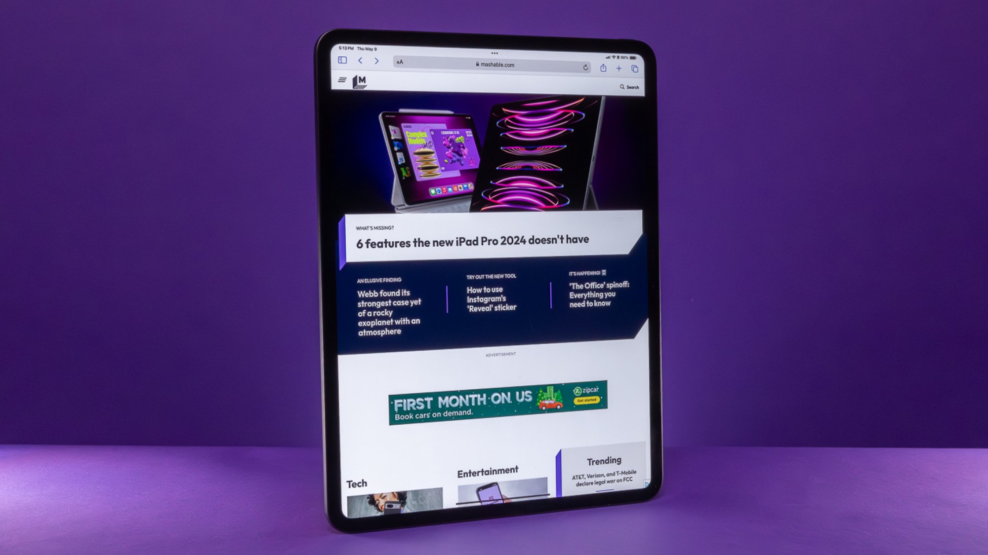 13-inch iPad Pro 2024 in portrait mode against a purple background