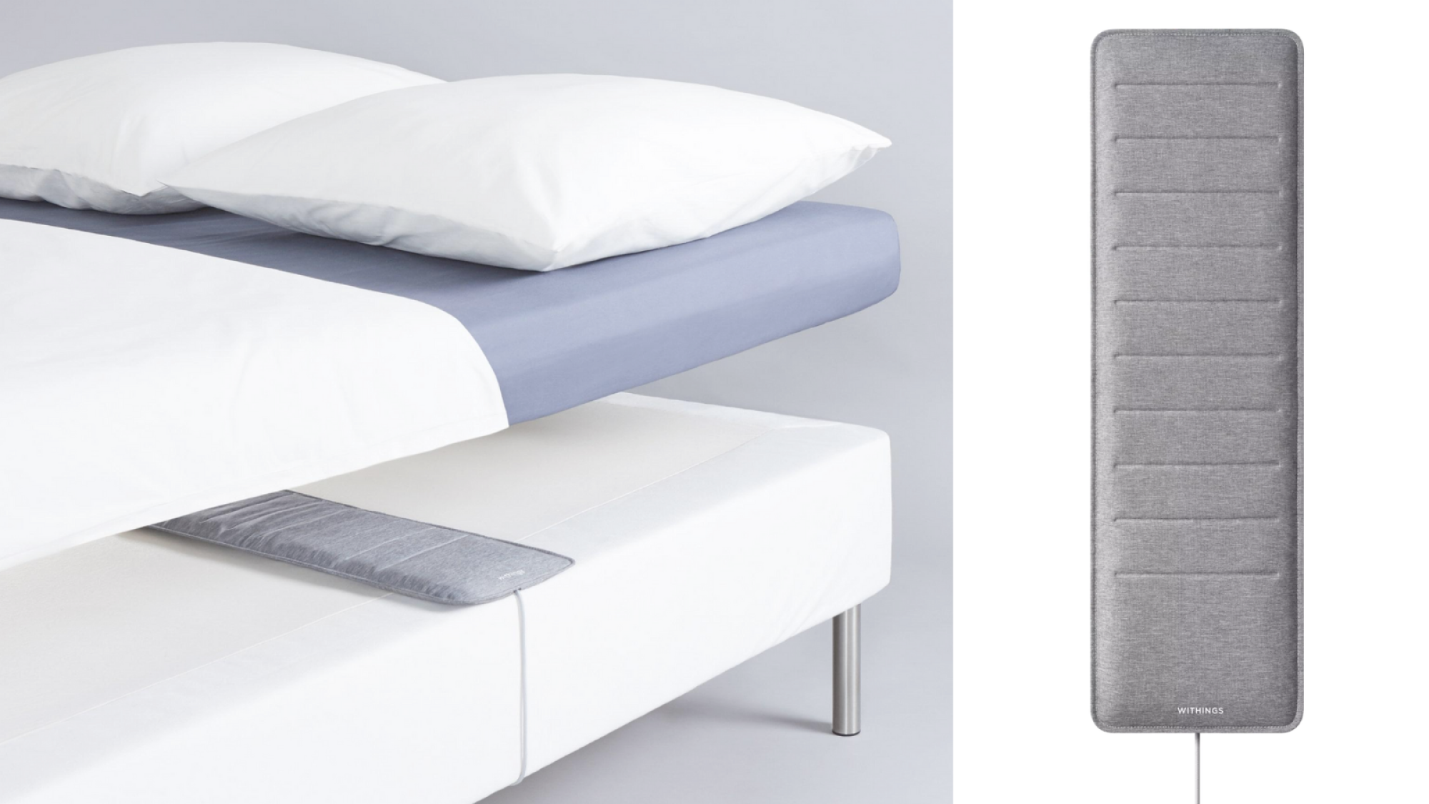 A composite of images of the Withings Sleep Analyser, first on a bed and then by itself.