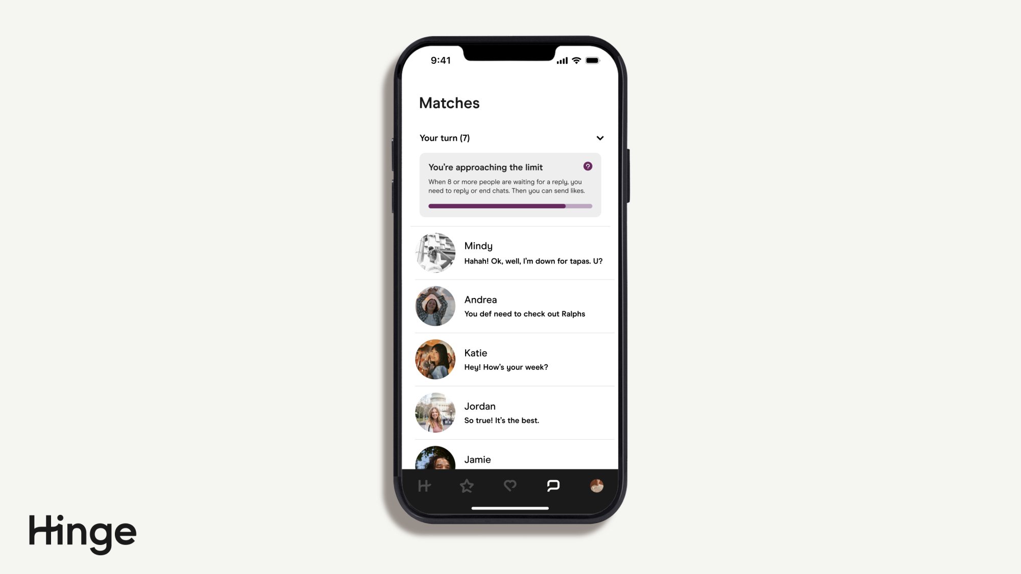 hinge on phone showing banner on top of chats stating 'You're approaching the limit. When 8 or more people are waiting for a reply, you need to reply or end chats. Then you can send likes.'' 