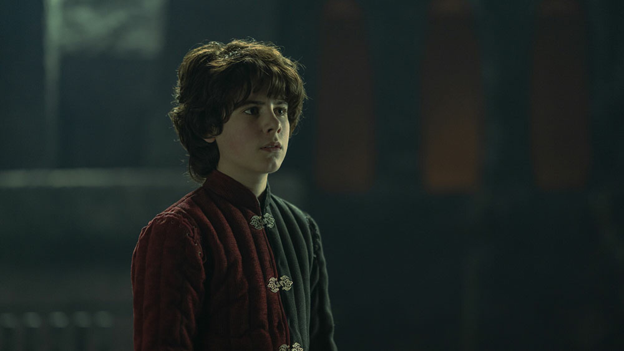 A young boy with dark hair stands in a dark room.