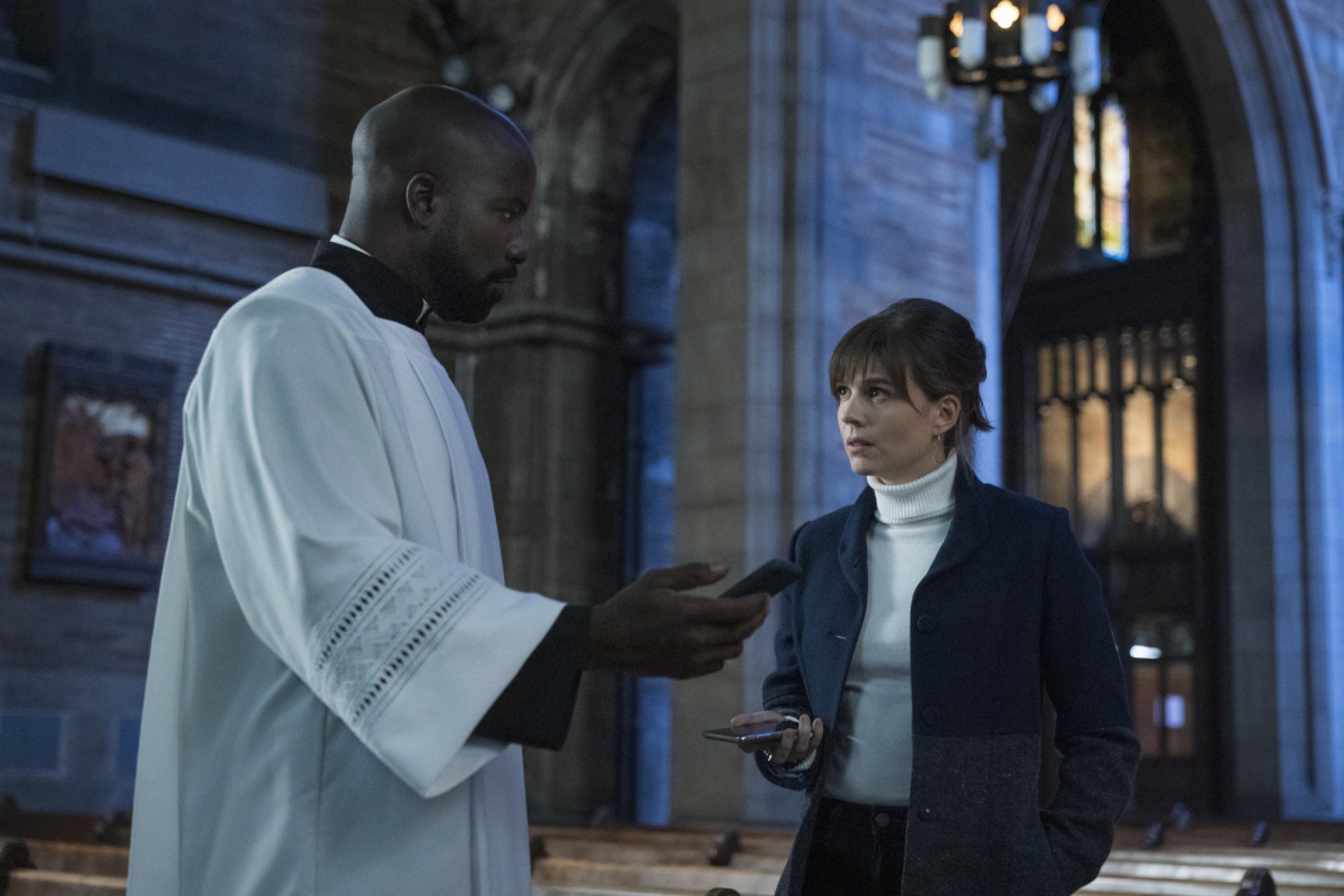 Mike Colter as David Acosta and Katja Herbers as Kristen Bouchard of the Paramount+ series EVIL.  