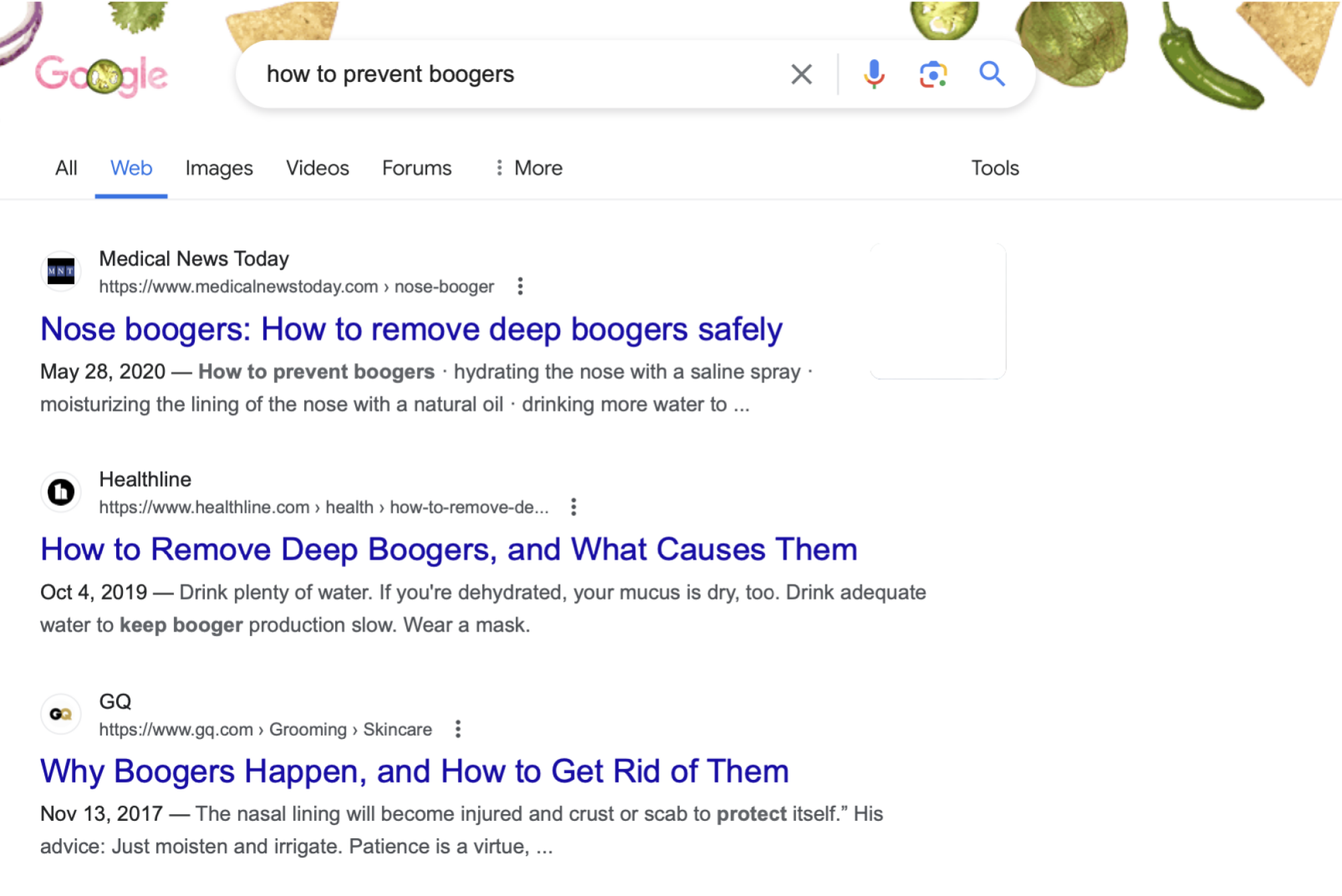 The page of links for the Google search "how to prevent boogers" with the top result being the article "What to know about nose boogers and removing them" on a website called "Medical News Today." 