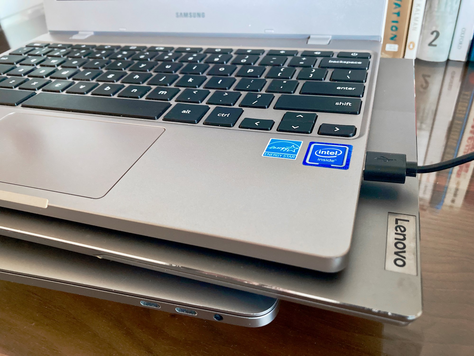 close-up view of Chromebook with "Intel Inside" sticker