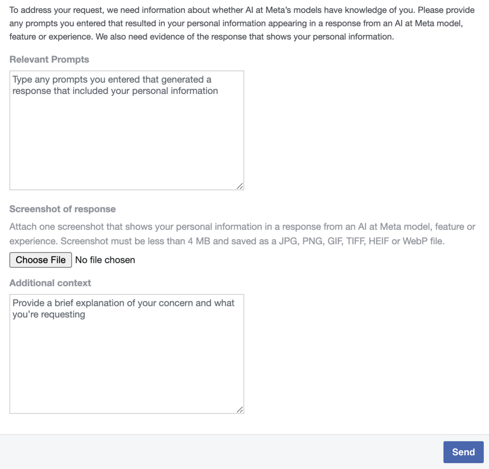 screenshot of Meta data form requiring evidence of a response that generated personal information 