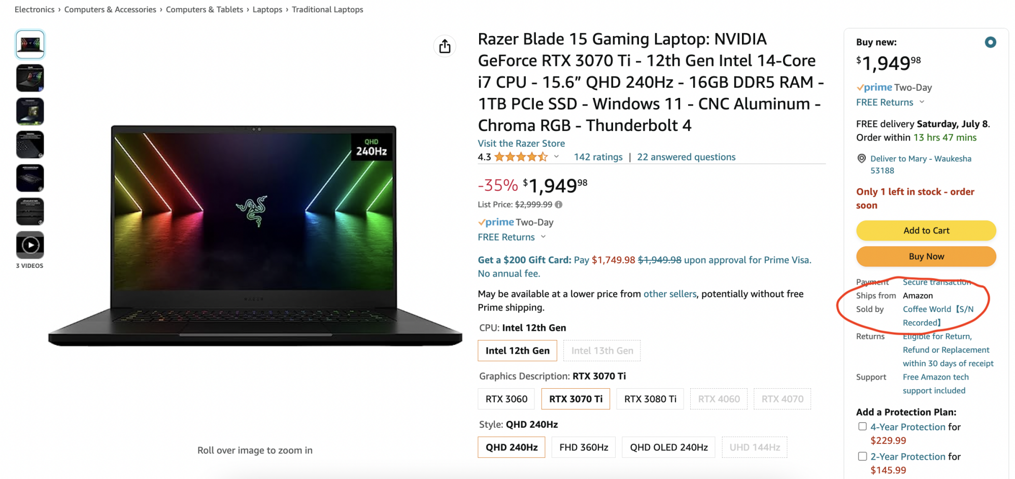 screensot of razer laptop sold on amazon