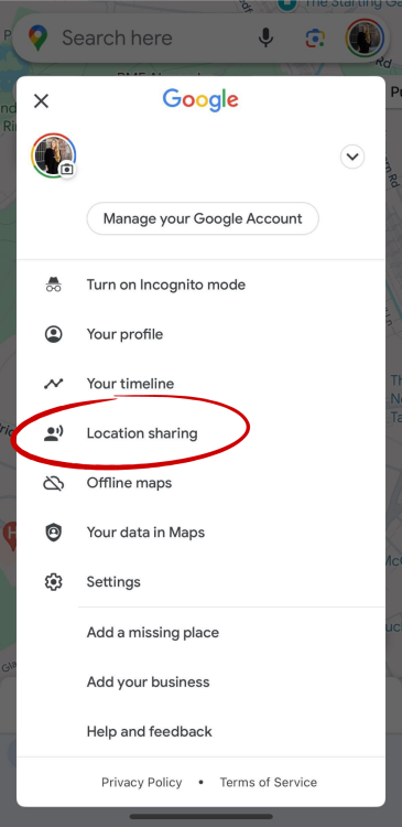 A screenshot of Google showing "Location sharing".
