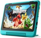 an amazon fire HD 8 kids pro tablet in a green color. The screen displays an image for angry birds