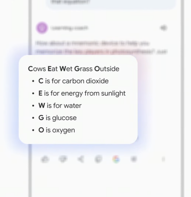 LearnLM provides the acronym "Cows Eat Wet Grass Outside" where C is for carbon dioxide, E is for energy from sunlight, W is for water, G is glucose, O is oxygen