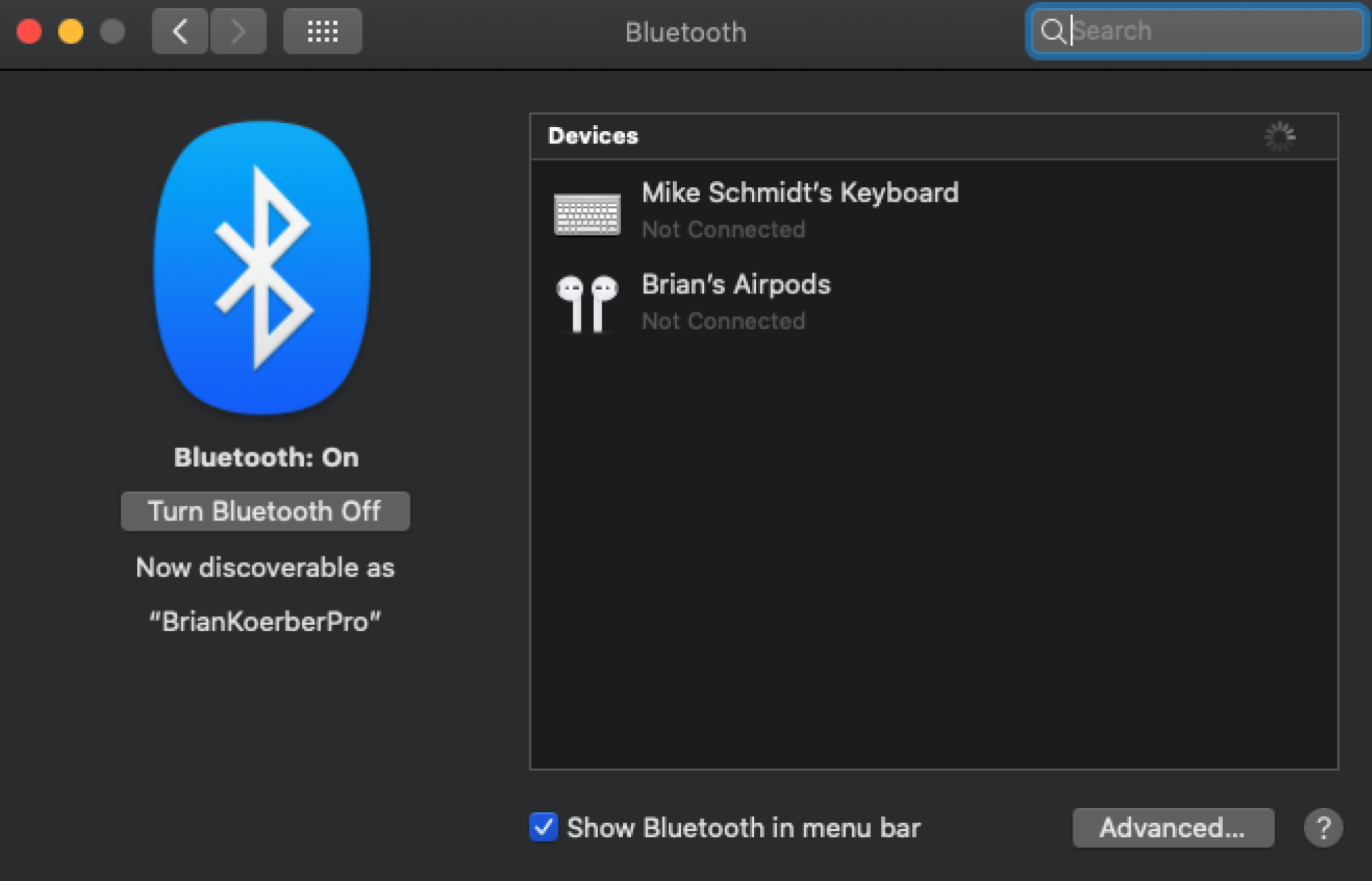 Screenshot of a Mac's Bluetooth preference window.