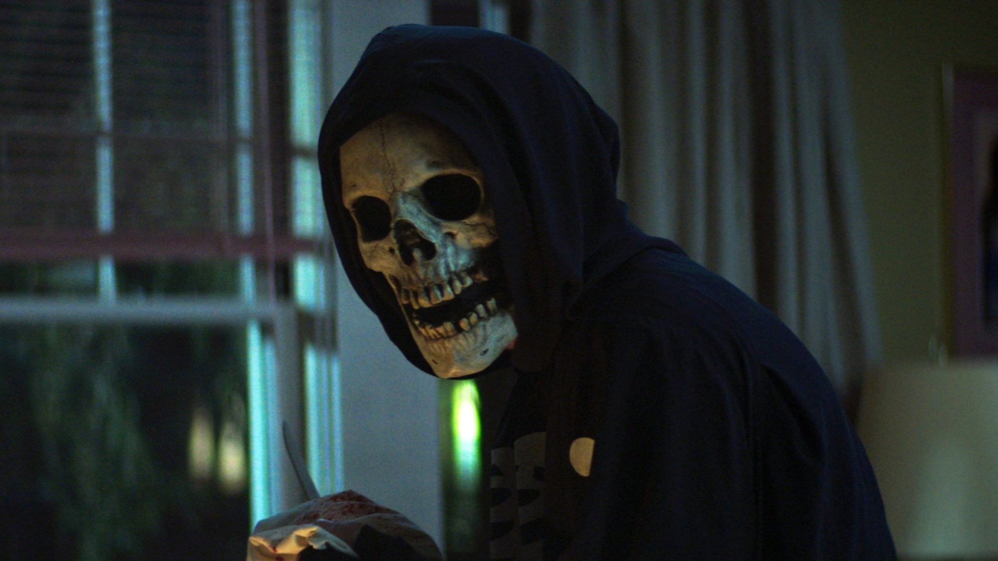 A person in a skeleton mask and black hood stares at the camera.