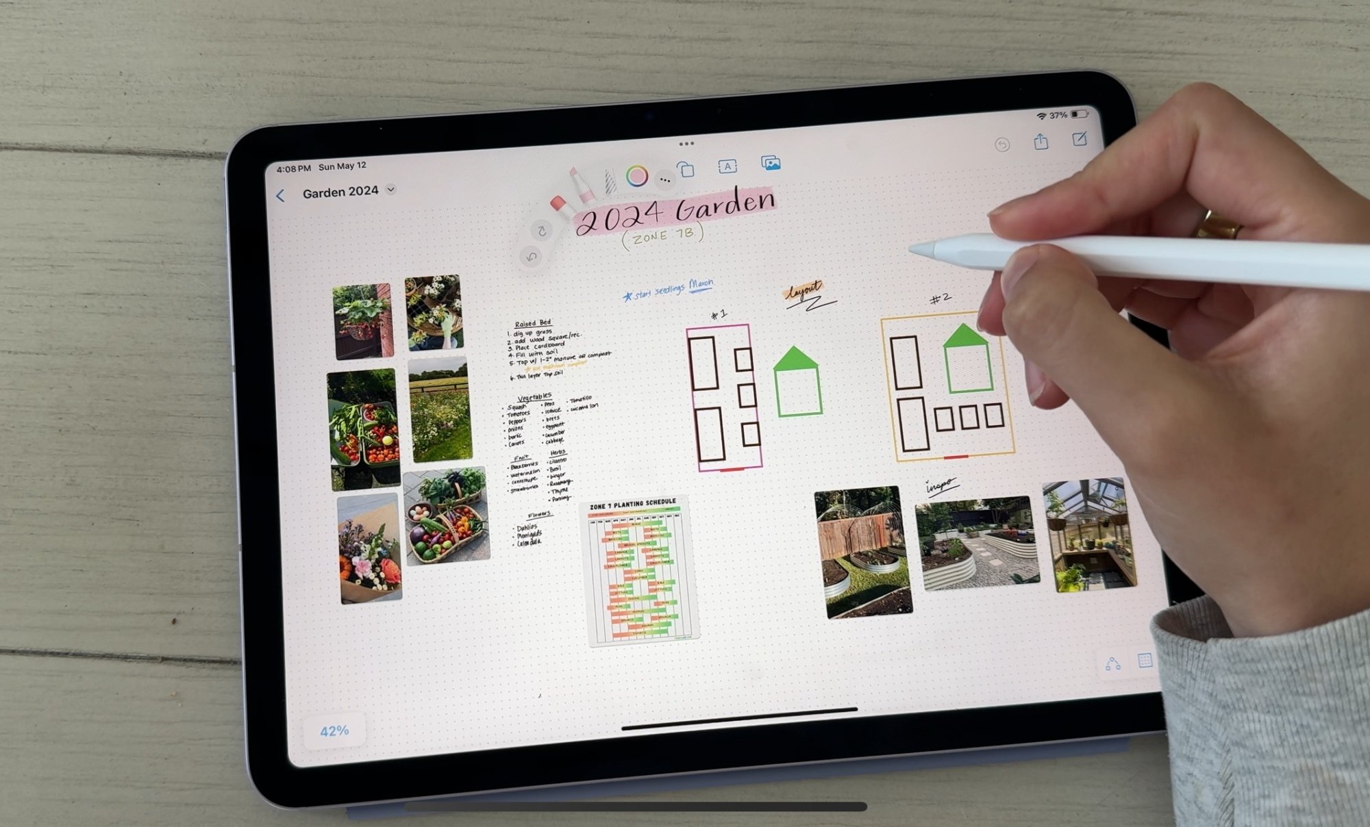 Woman using a gardening digital planning template on the iPad Air