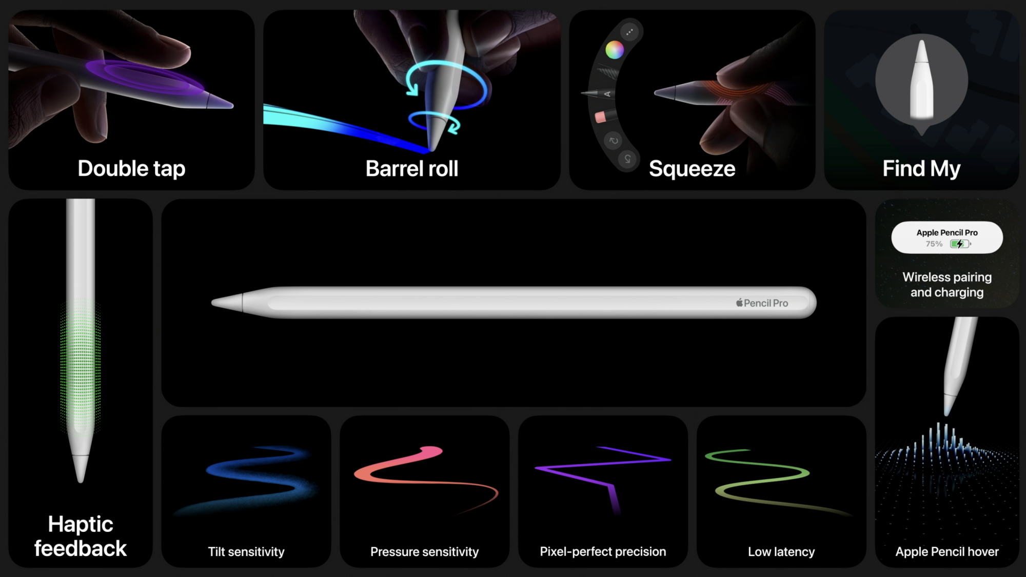 Black screen featuring Apple Pencil in middle and examples of several new Apple Pencil creating features along border