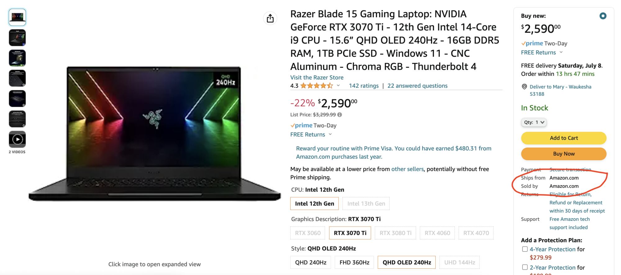 screenshot of razer laptop amazon listing