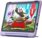 an aamzon fire hd 10 kids pro tablet in a purple color that displays the jung fu panda movie on the screen