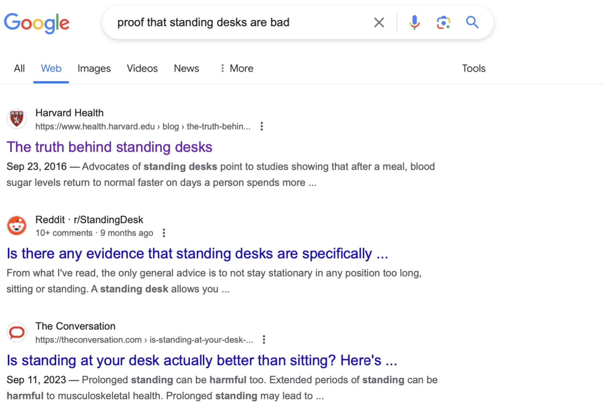 The non-AI version of the Google search for "proof that standing desks are bad" is an article on the Harvard Health Blog called "The truth behind standing desks."