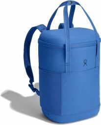 a blue hydro flask cooler backpack on a white background