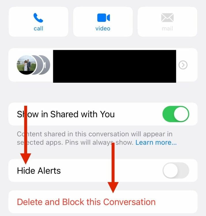 group chat page on iphone with arrows pointing at buttons to leave conversation or mute it