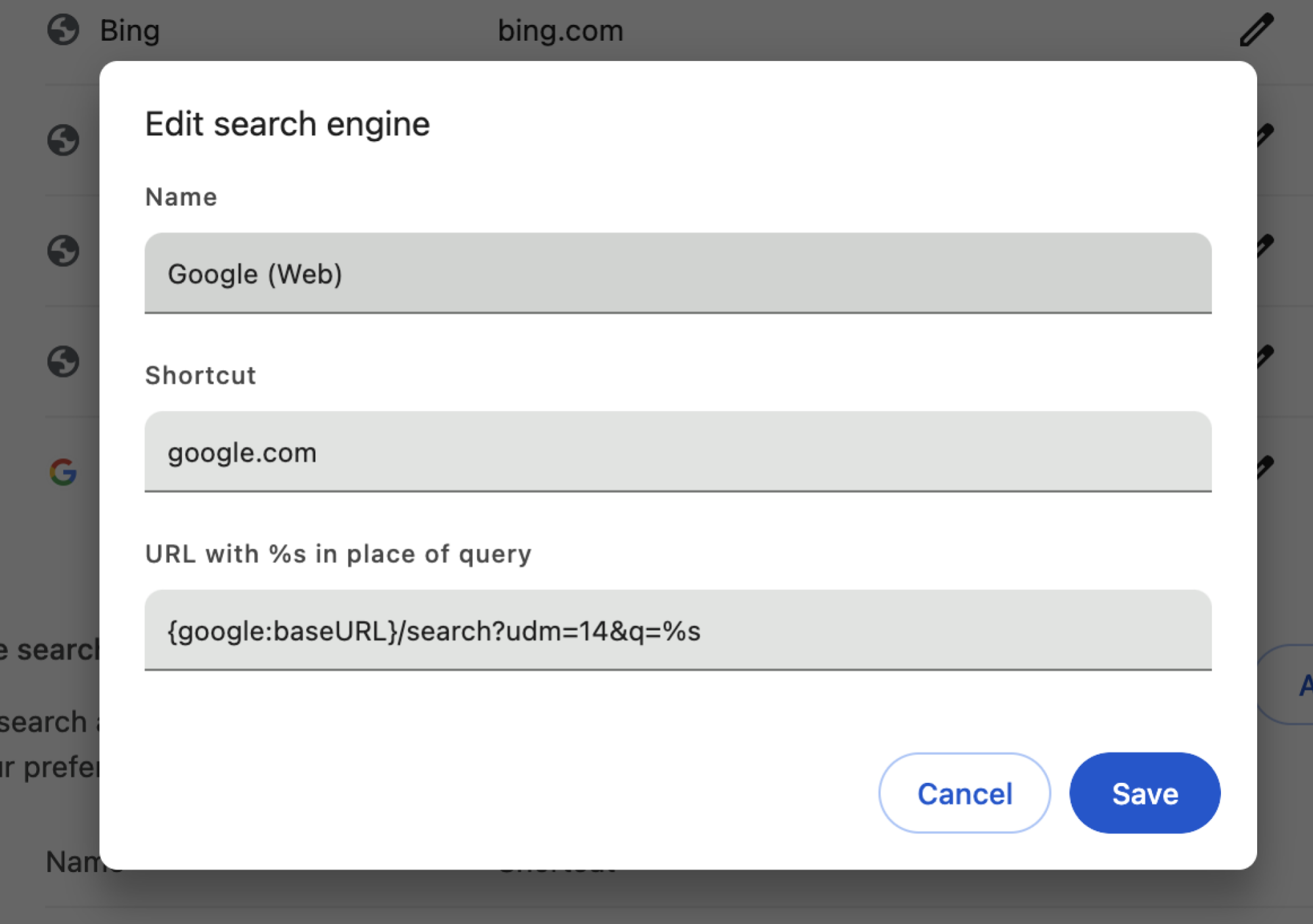 The text "{google:baseURL}/search?udm=14&q=%s" being added to the Settings box