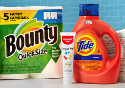 Bounty paper towels, colgate toothpaste, and tide laundry detergent on a counter