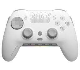White wireless gaming controller with hexagonal pattern at top