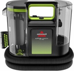Green and black portable carpet cleaner with handle, hose, and brush