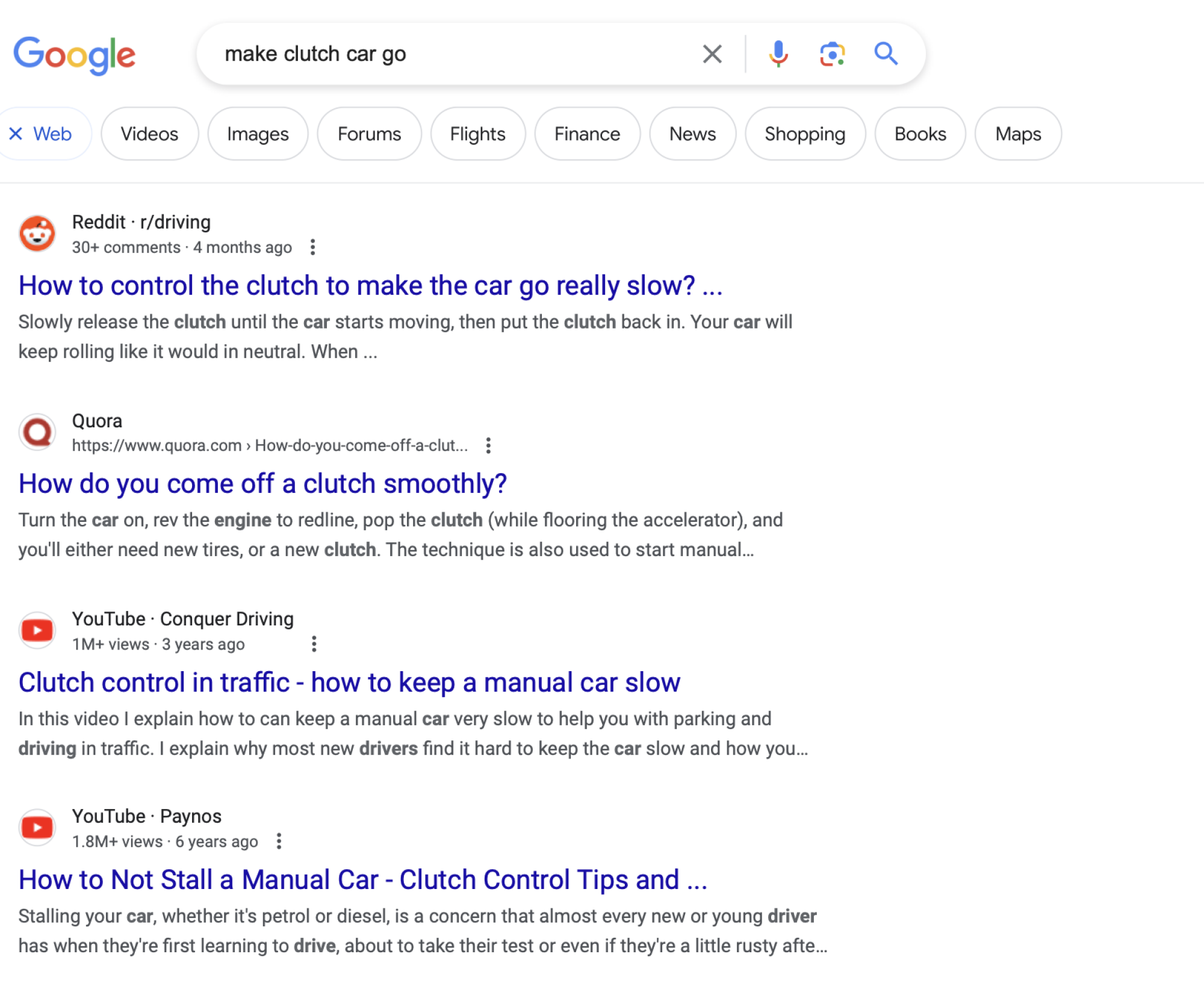 The non-AI version of the search "make clutch car go" whose top result is a totally unhelpful Reddit post with the very long title "How to control the clutch to make the car go really slow? (Car lunges forward when reaching the bitting point without need to hit the accelerator)."