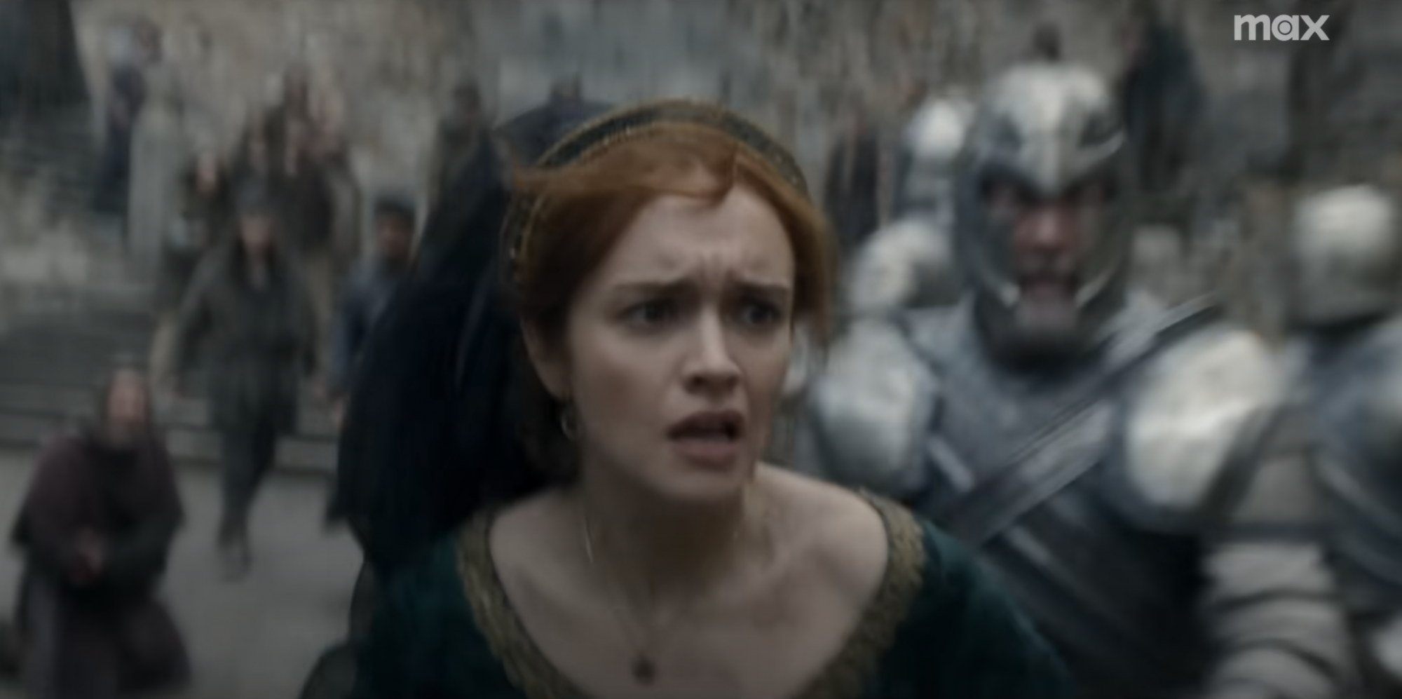 Olivia Cooke as Alicent Hightower, running from a mob.