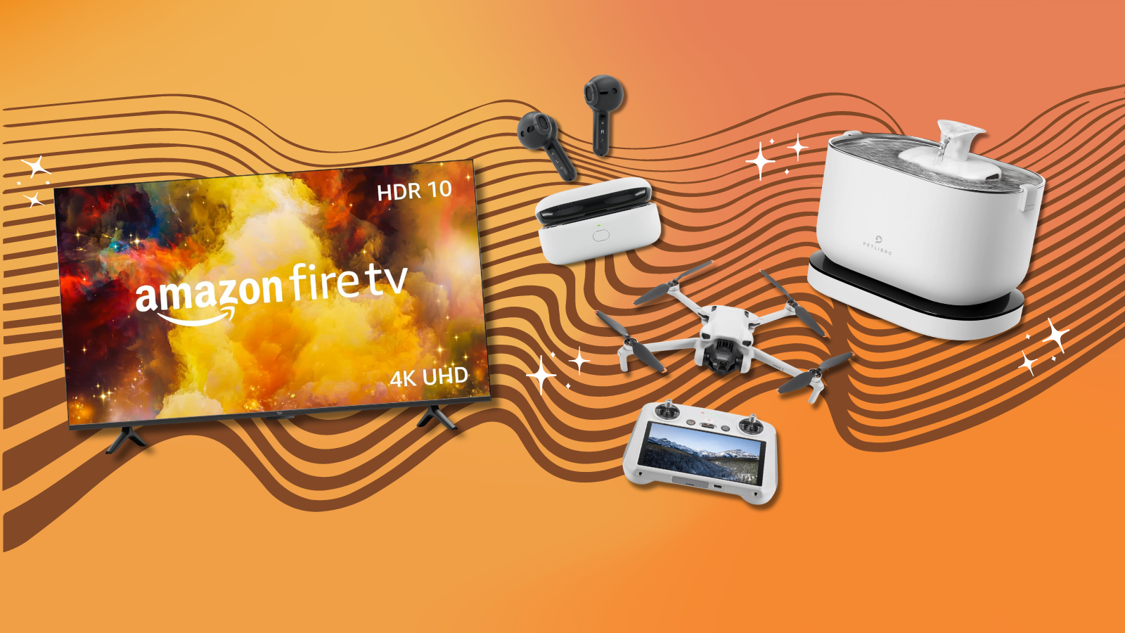 Amazon Fire TV, Echo Buds, DJI drone, and Petlibro water fountain with orange gradient background