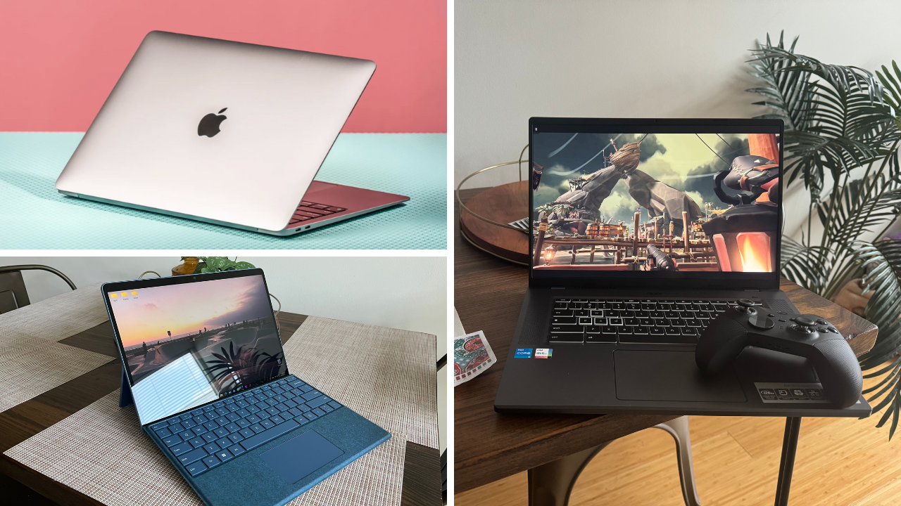 Apple MacBook Air, Microsoft Surface Pro 9, and Acer Chromebook 516 GE