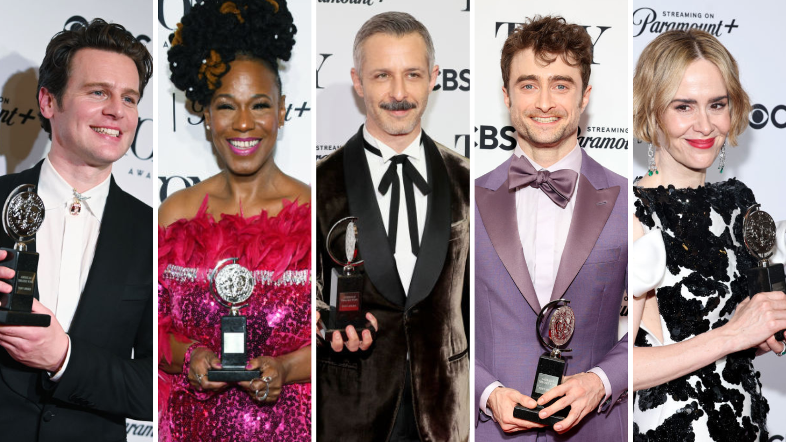 A composite of 2024 Tony Award winners holding their trophies. From left to right: Jonathan Groff, Kecia Lewis, Jeremy Strong, Daniel Radcliffe, and Sarah Paulson.