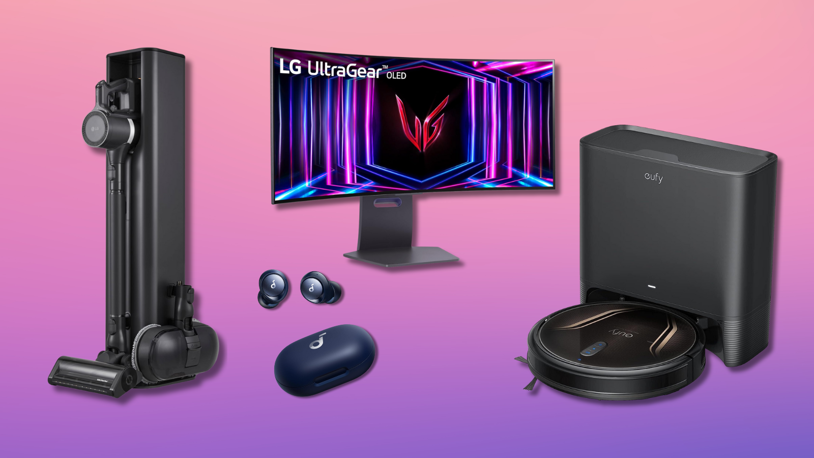 LG vacuum, Soundcore earbuds, LG monitor, and eufy robot vacuum with pink and purple gradient background