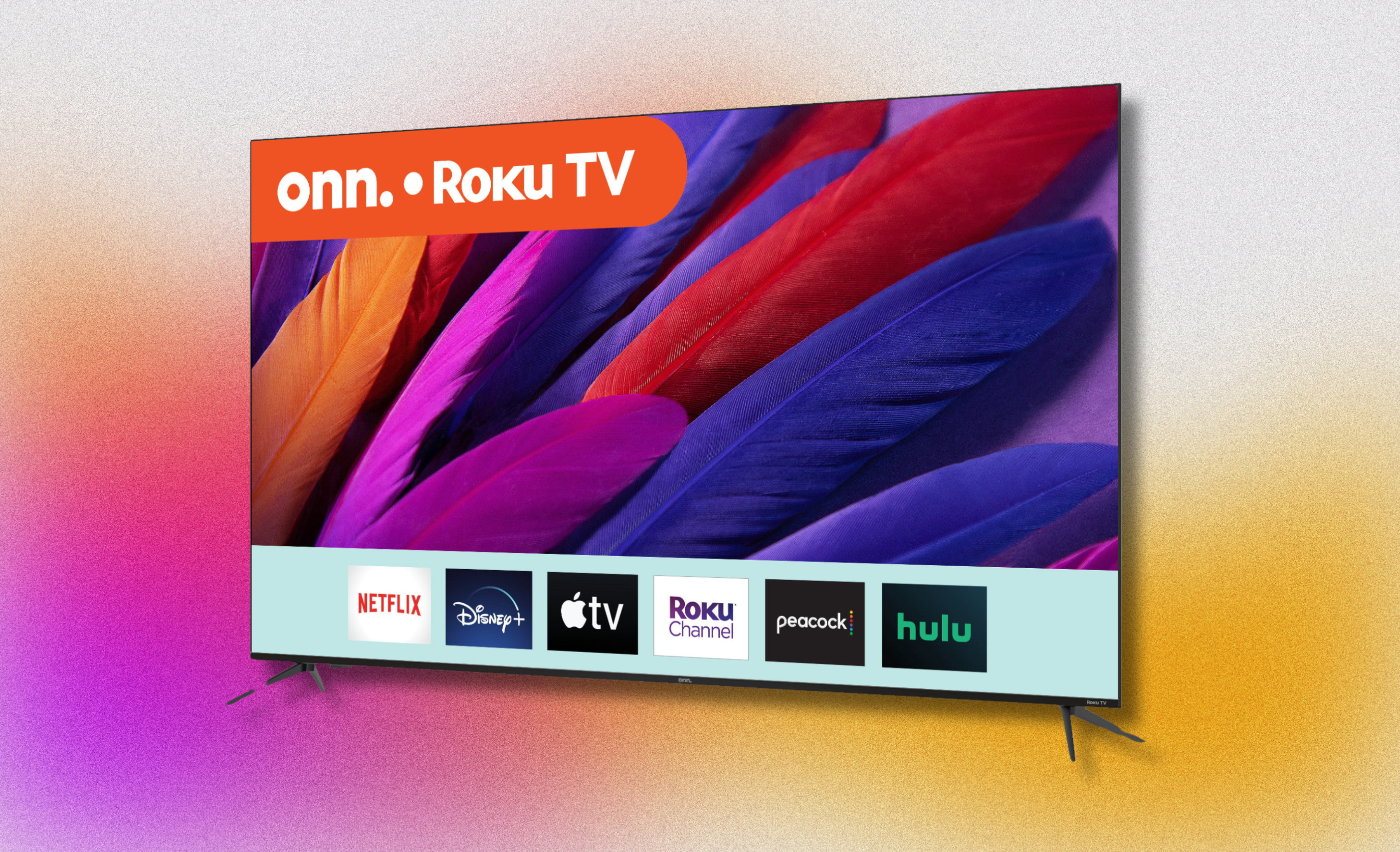 onn roku smart tv against a colorful background