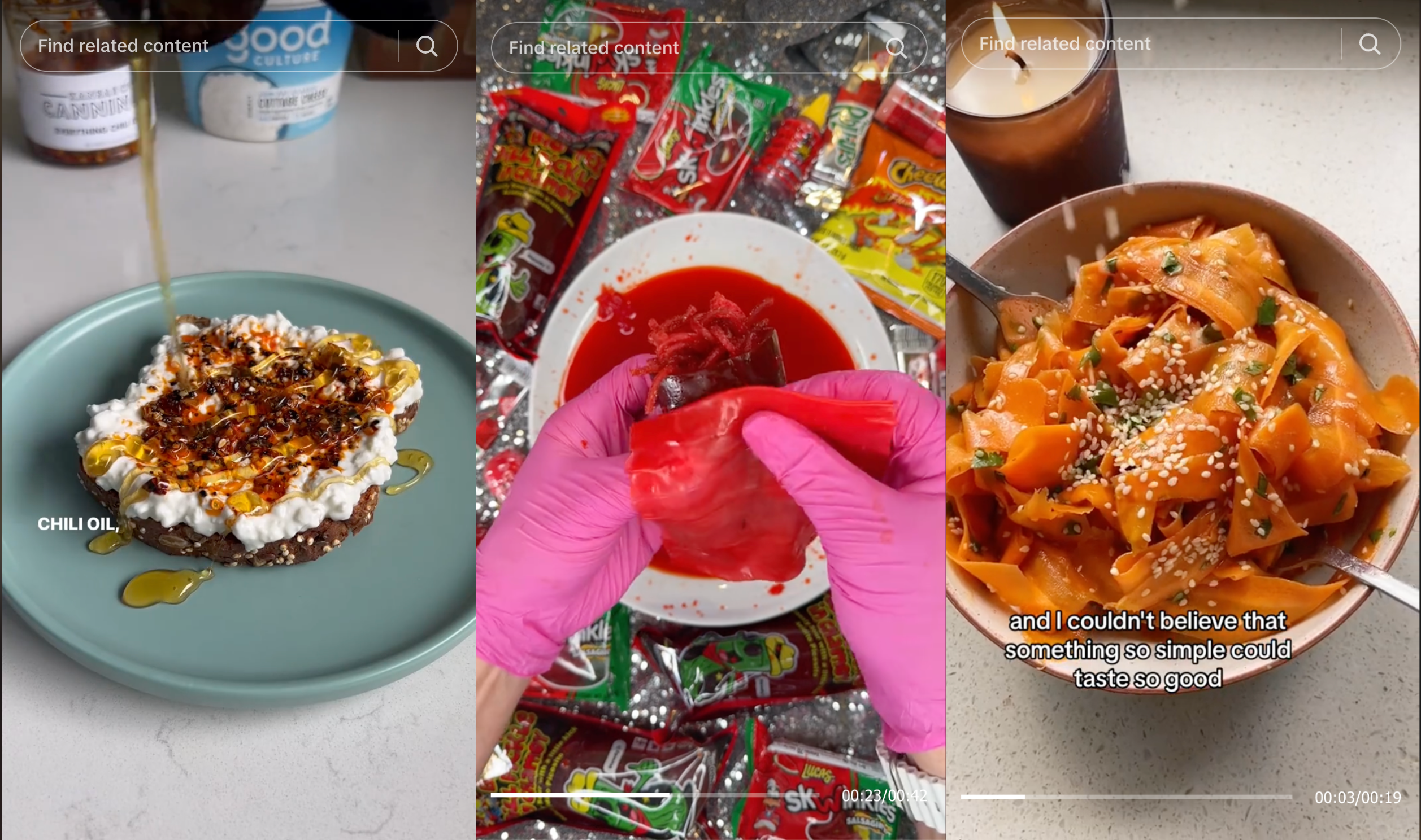 screenshots of tiktok foods, cottage cheese toast, chamoy pickle, and carrot salad