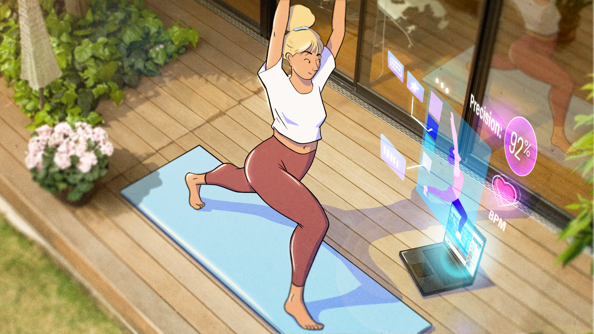 An illustration of a person doing yoga while mirroring a digital display.