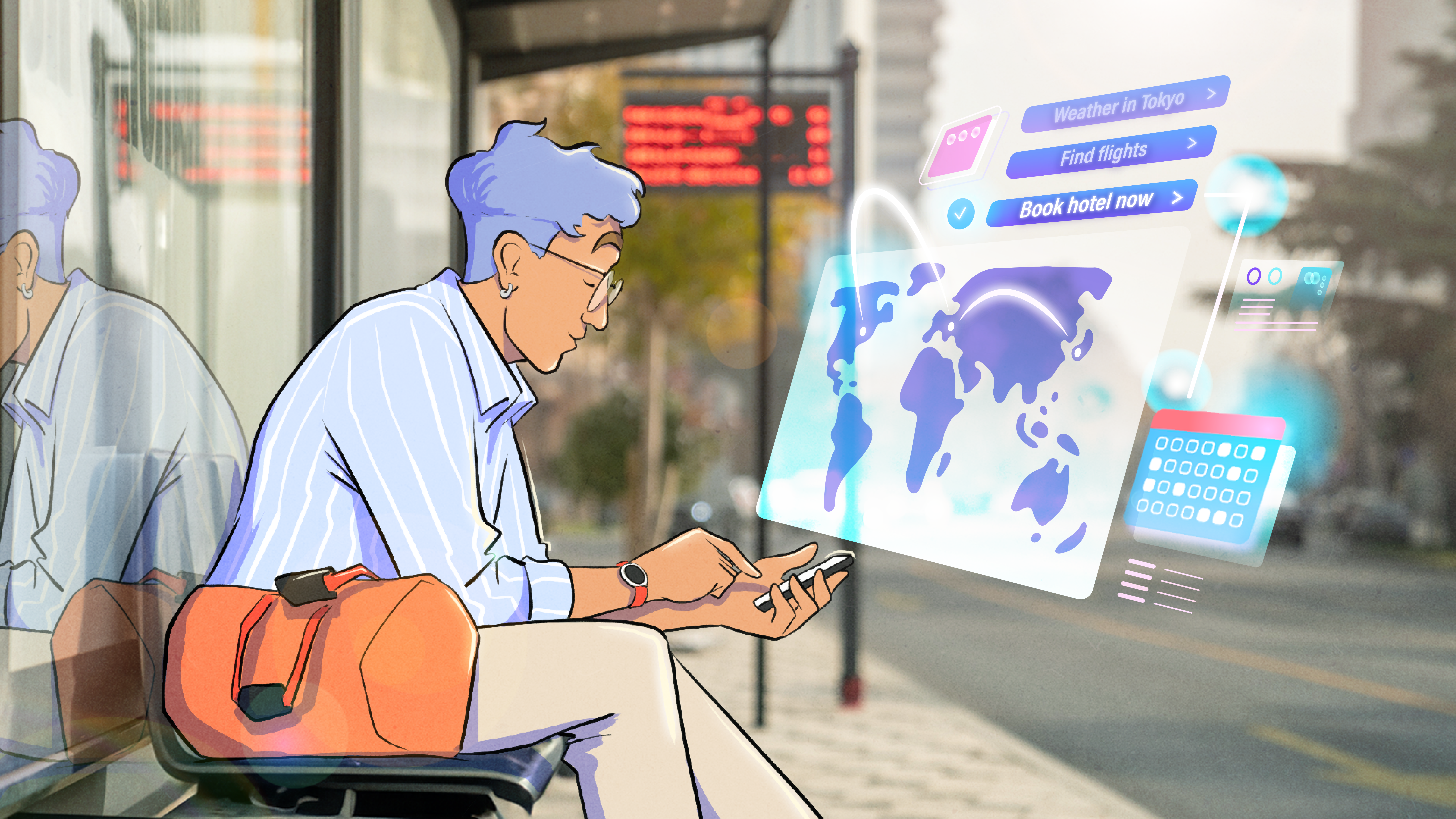 An illustration of a man sitting on bench looking at a screen.