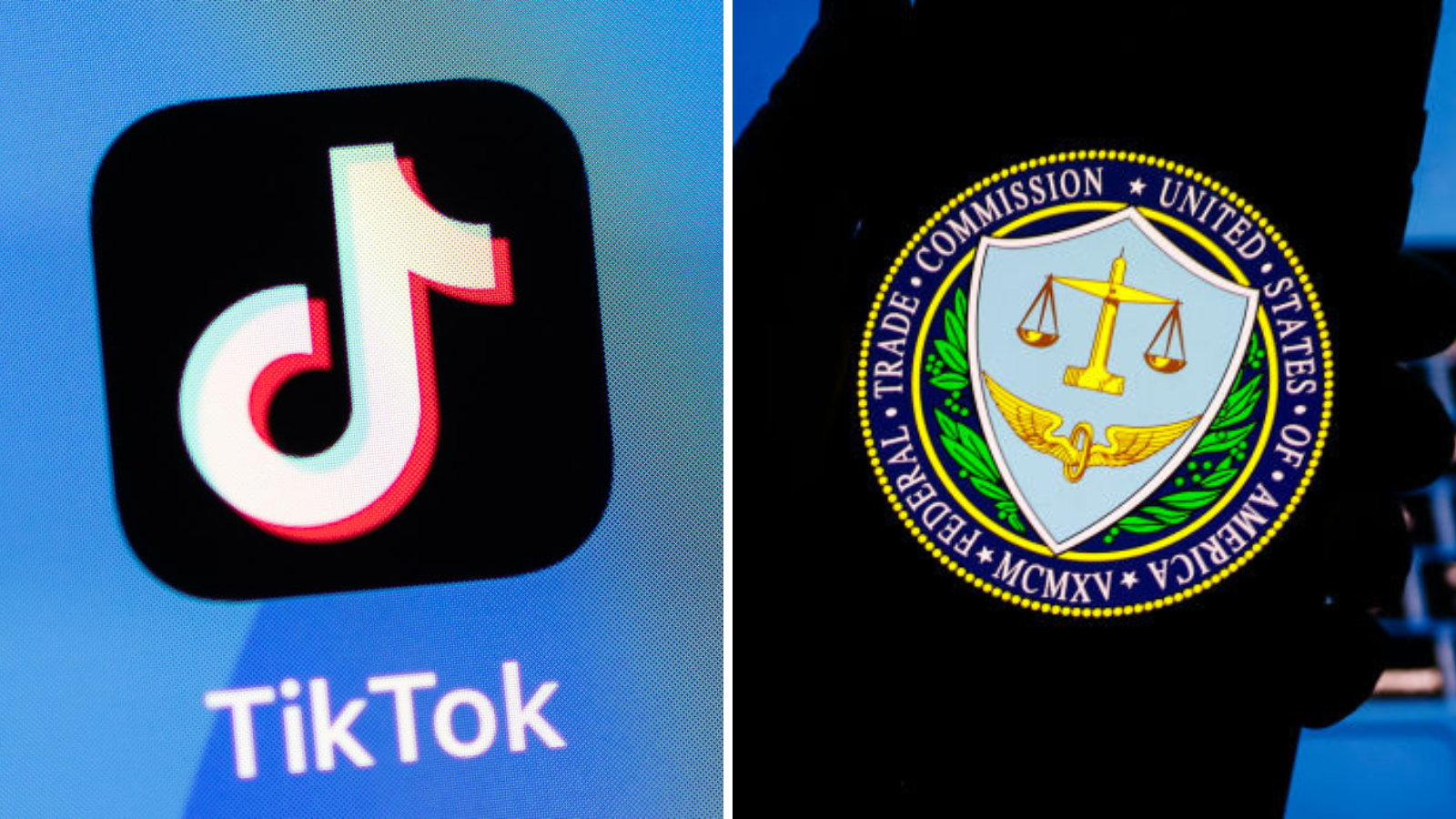 Two images side by side. On the left is the TikTok app logo displayed on an iPhone. On the right is the Federal Trade Commission of the United States seal displayed on a mobile phone screen.