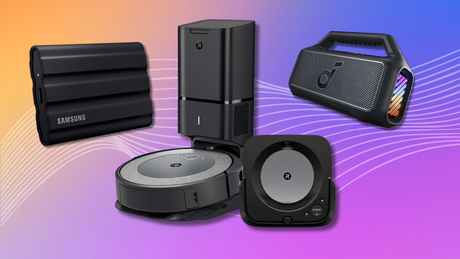 Samsung T7 Shield, iRobot Roomba vacuum and mop, and Soundcore Boom 2 speaker with colorful background