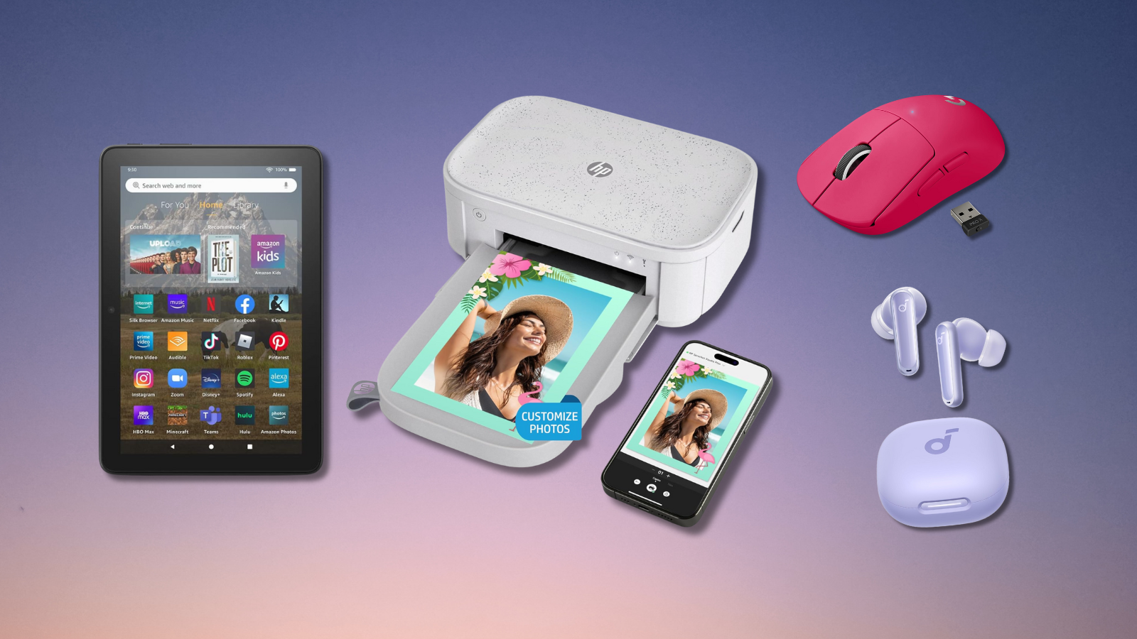 Fire tablet, HP printer, Logitech mouse, and Soundcore earbuds with pink and purple background