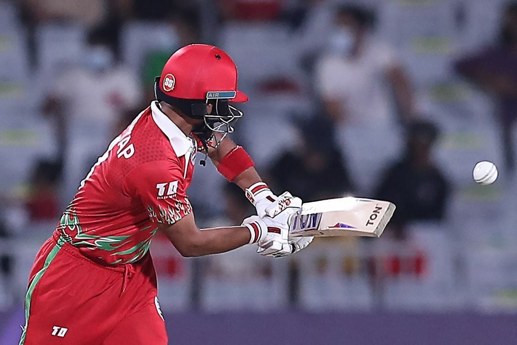 Oman's Aqib Ilyas plays a shot