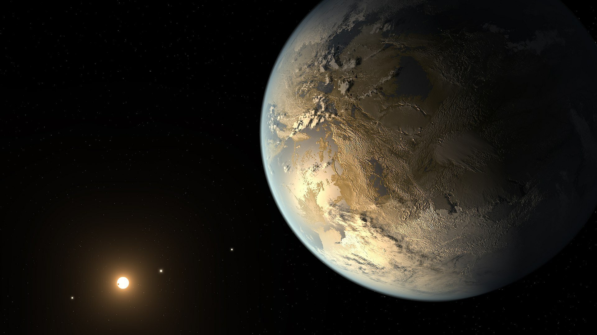 An artist's conception of the Earth-sized exoplanet Kepler-186f, which orbits in the habitable zone of a distant solar system some 500 light-years away.