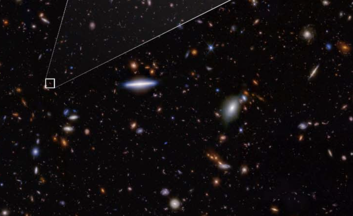 This deep field view from the James Webb Space Telescope shows (in the box) the oldest-known galaxy ever discovered.