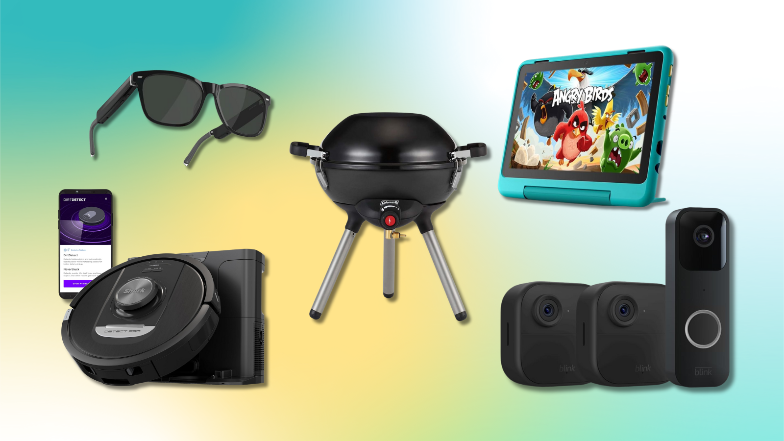 Shark robot vacuum, Echo frames, Coleman camping grill, Blink cameras, and Fire Kids tablet with colorful gradient background