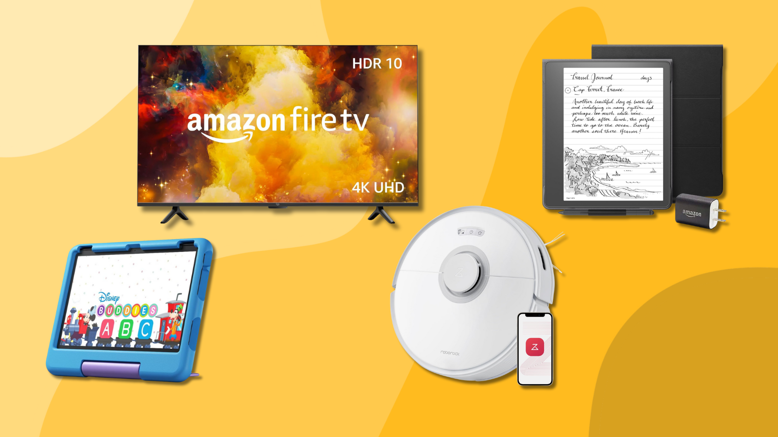 Amazon Fire TV, Fire tablet, Kindle Scribe, and Roborock robot vacuum with orange and yellow background