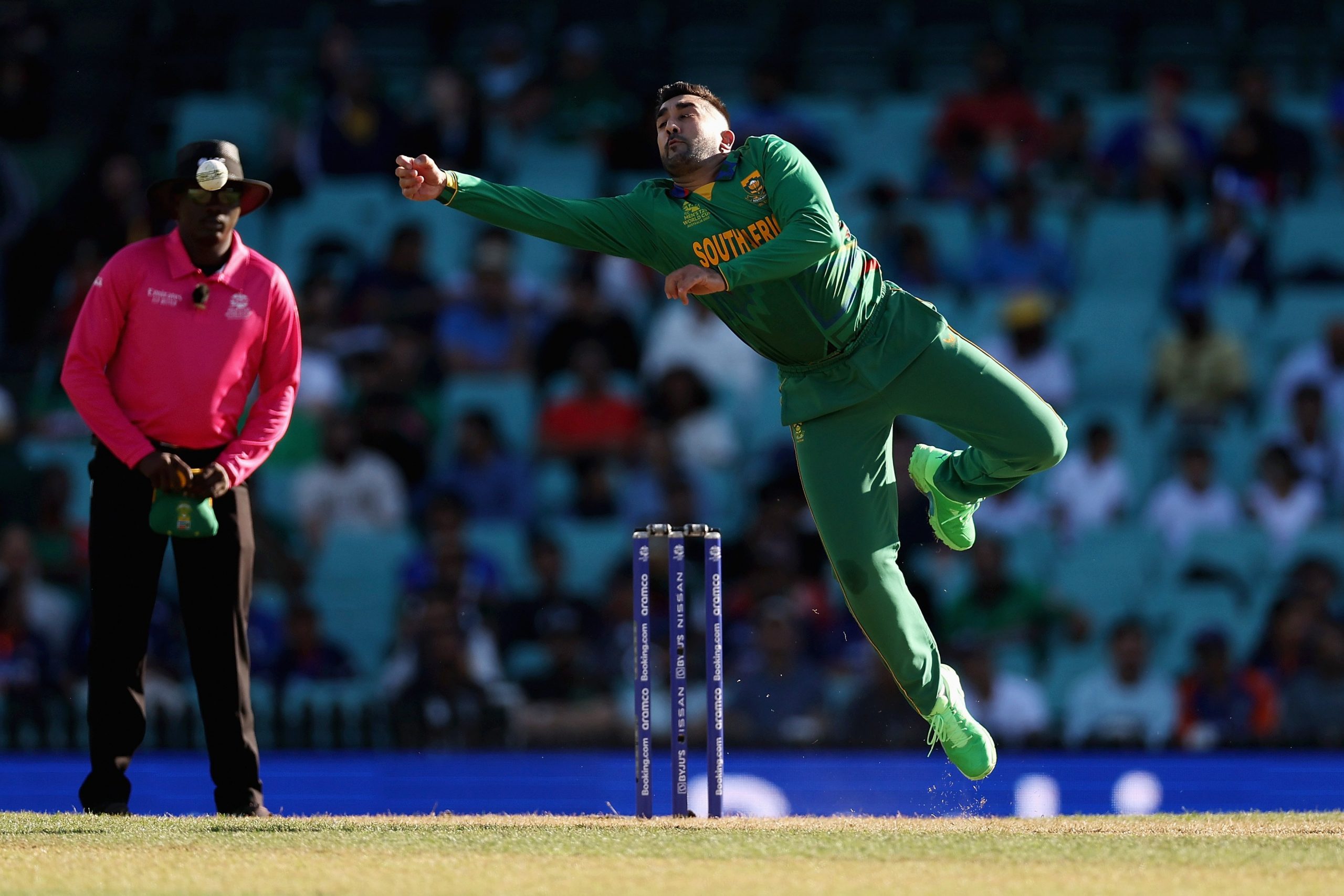  Tabraiz Shamsi of South Africa attempts to catch a ball 