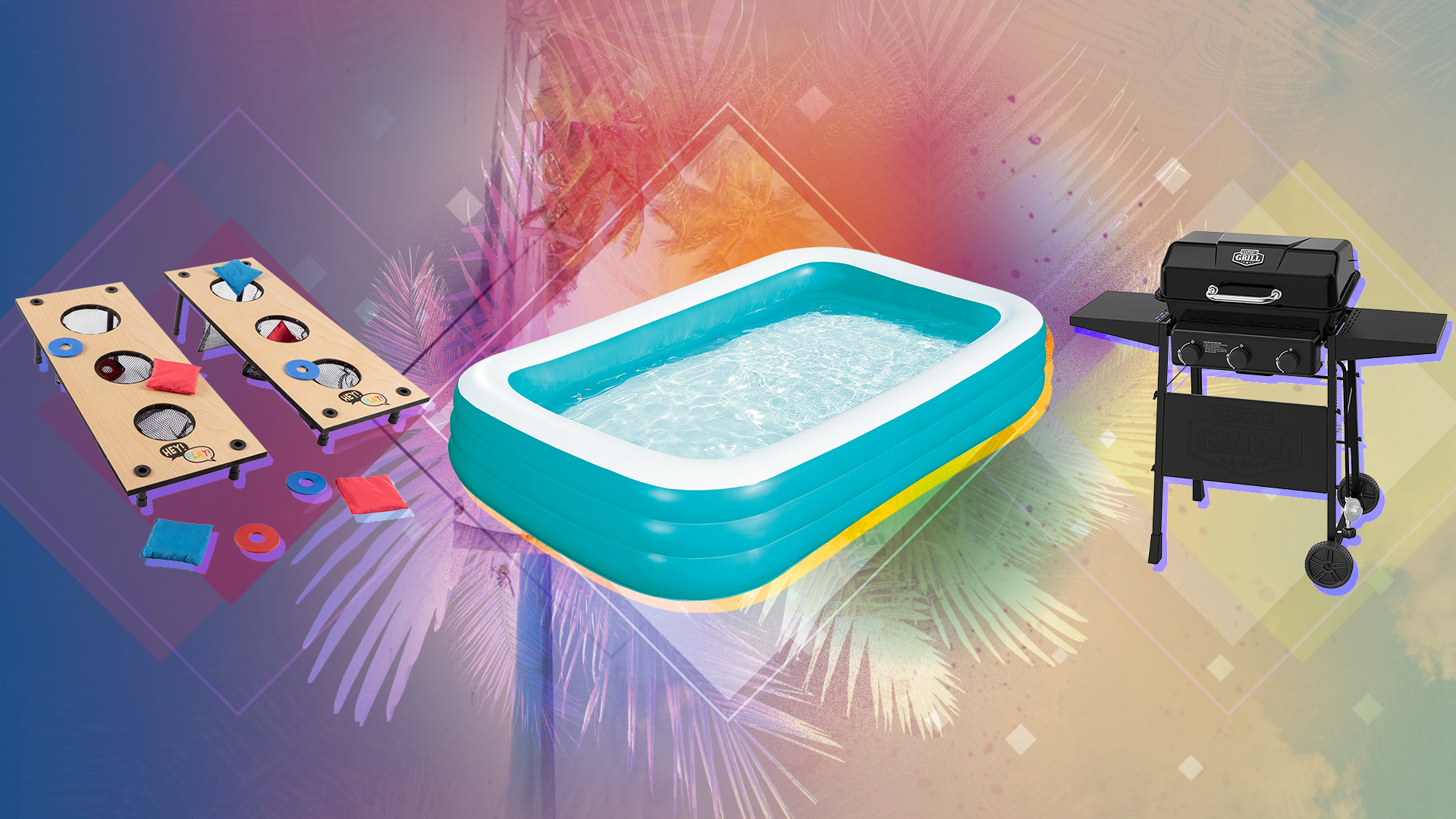 Cornhole, inflatable swimming pool, and grill