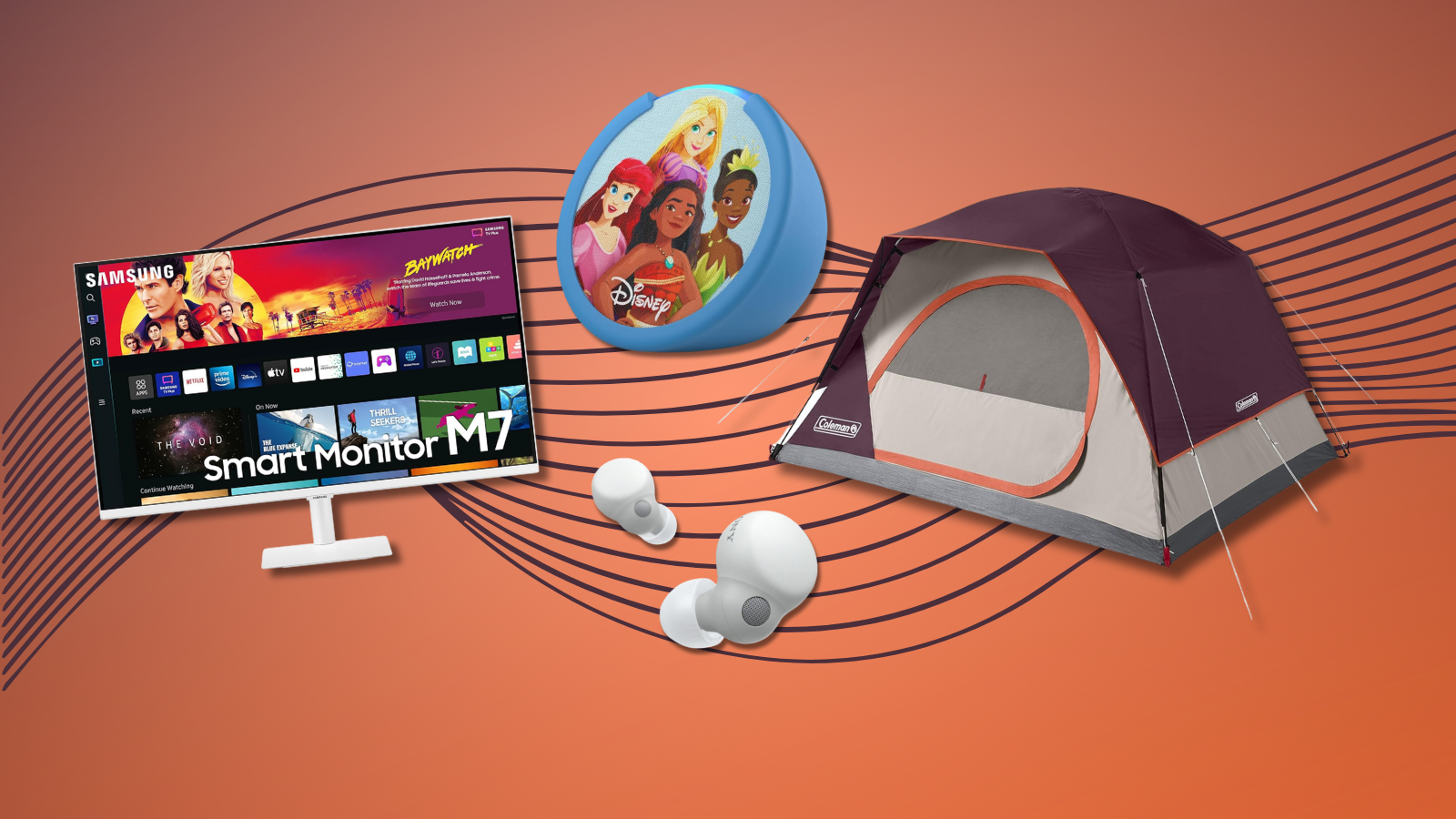 Samsung monitor, Coleman tent, Echo Pop Kids, and Sony LinkBuds S with orange gradient background